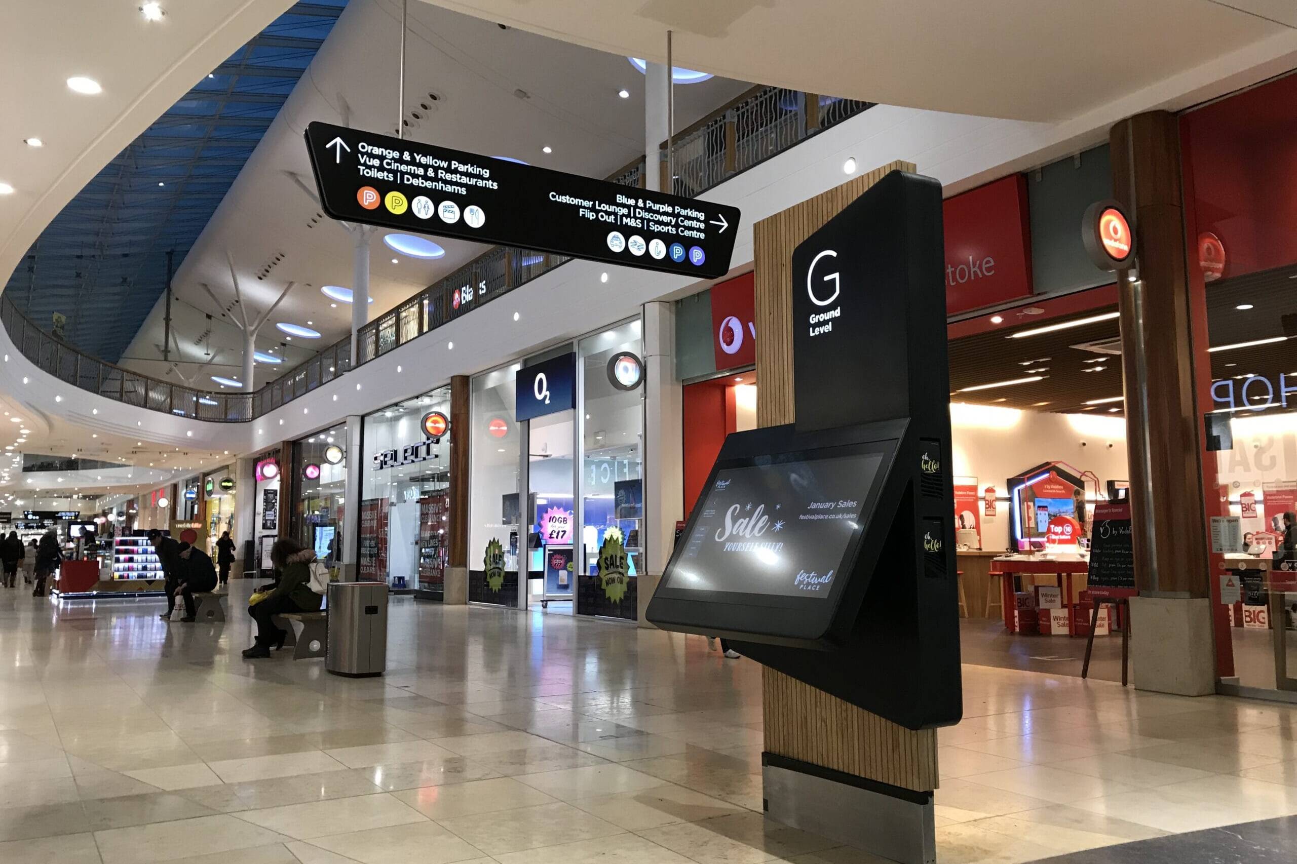 Interior wayfinding directional signage &mdash; Festival Place shopping centre, Basingstoke, Air Design