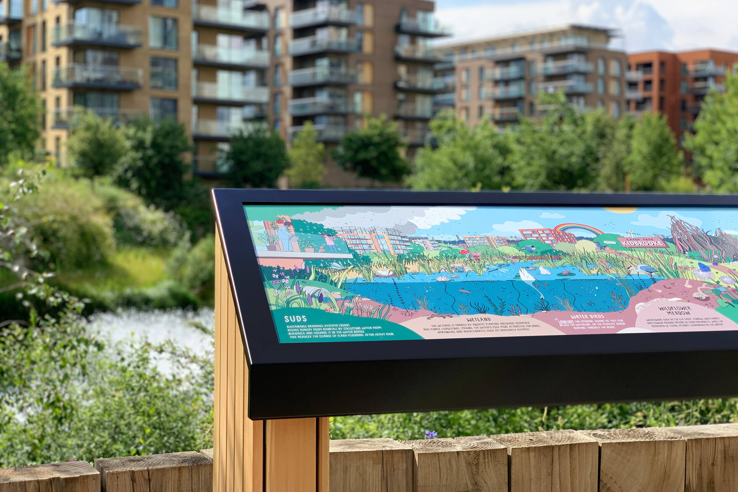 Wayfinding system integrating green space and cultural landmarks — Kidbrooke Village, Greenwich, Air Design