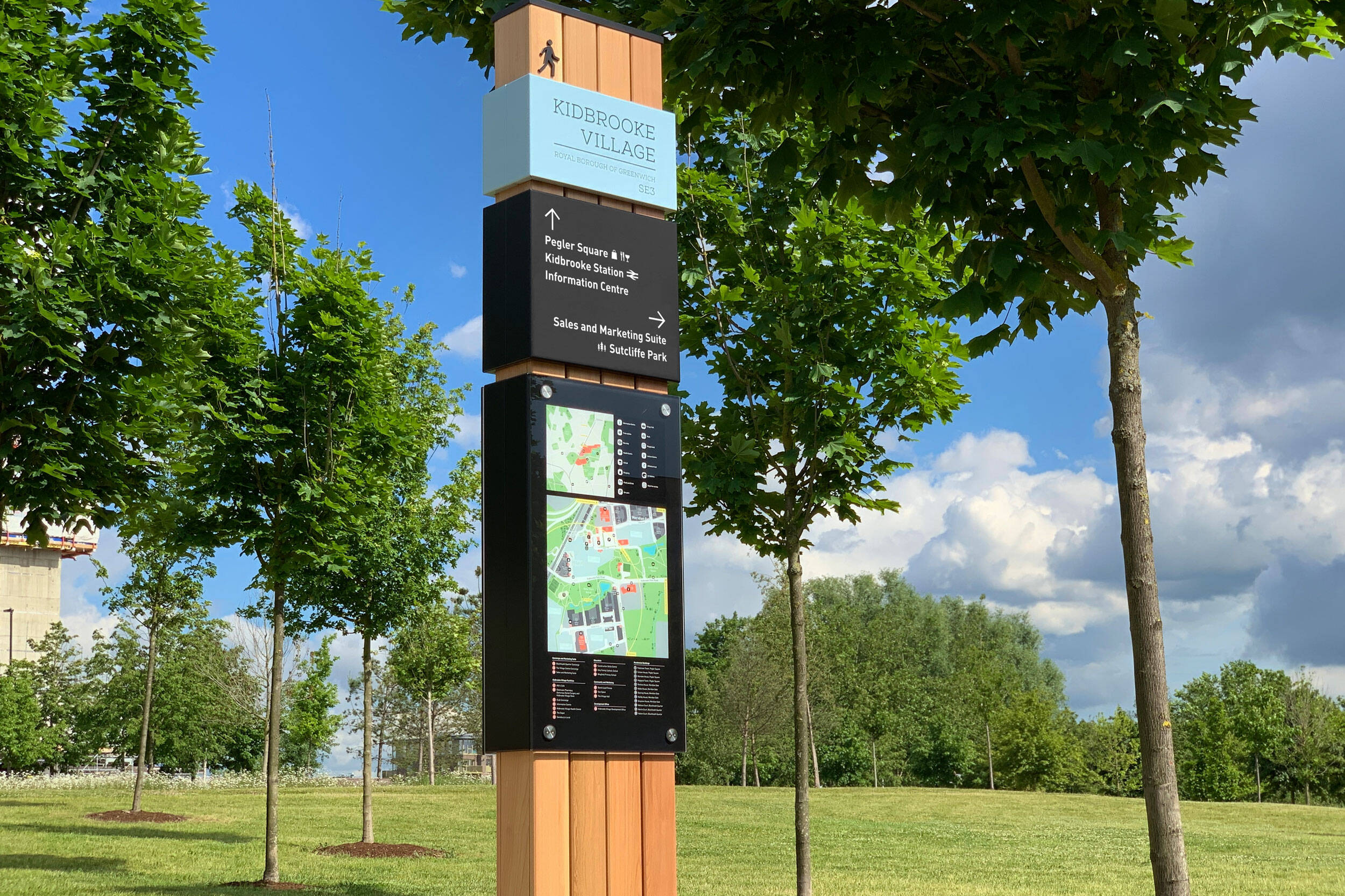 Award-winning fully recyclable wayfinding signage — Kidbrooke Village residential development, Greenwich London, Air Design