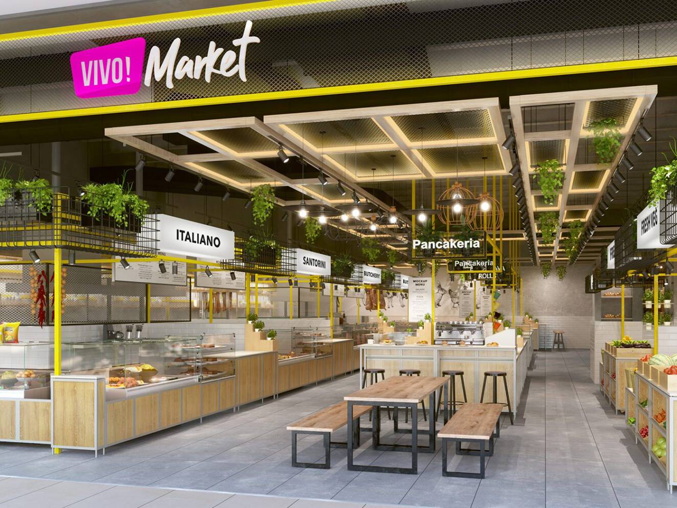 High-level planting and ambient lighting in retail food market environment — VIVO! Market, Bratislava Slovakia, Air Design