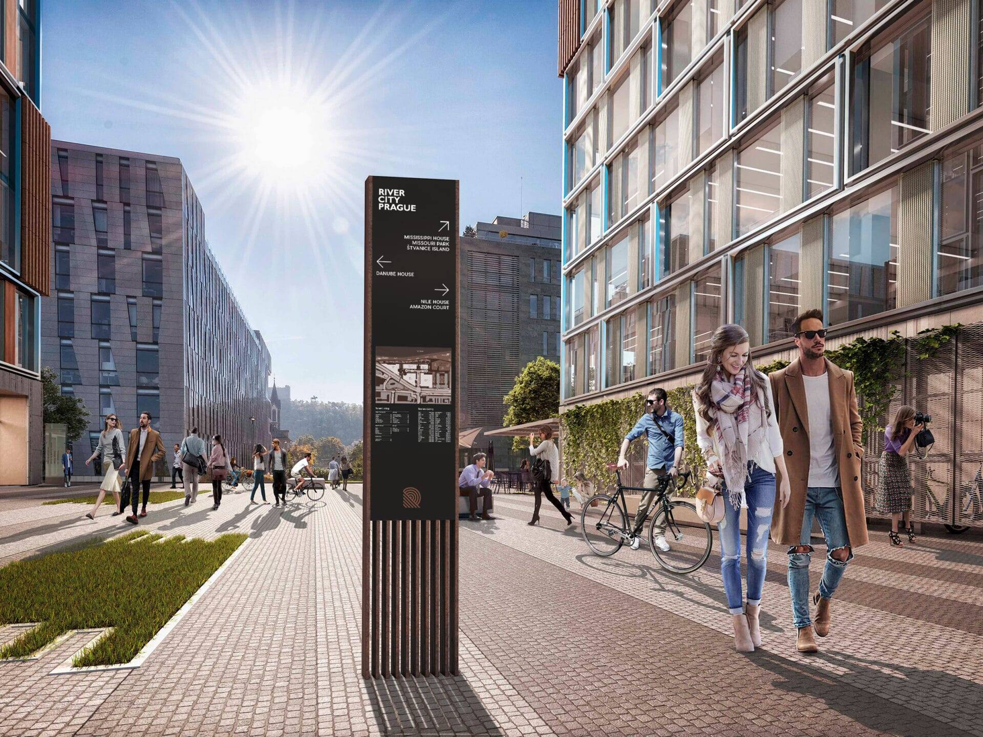 Bespoke wayfinding system spanning five LEED Platinum certified buildings — River City Prague, CA Immo, Czech Republic, Air Design