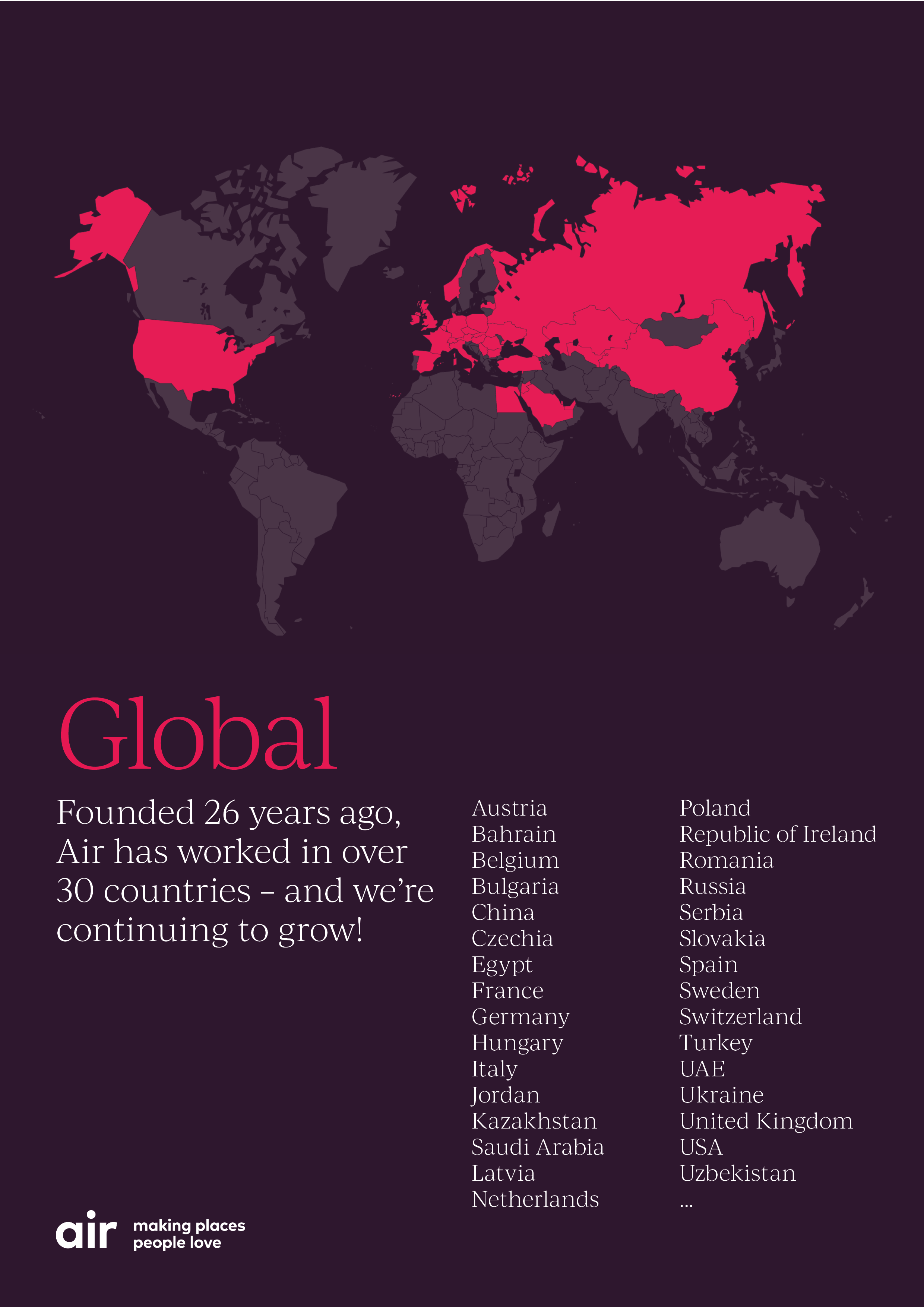Map depicting the 30 plus countries Air Design has worked in.