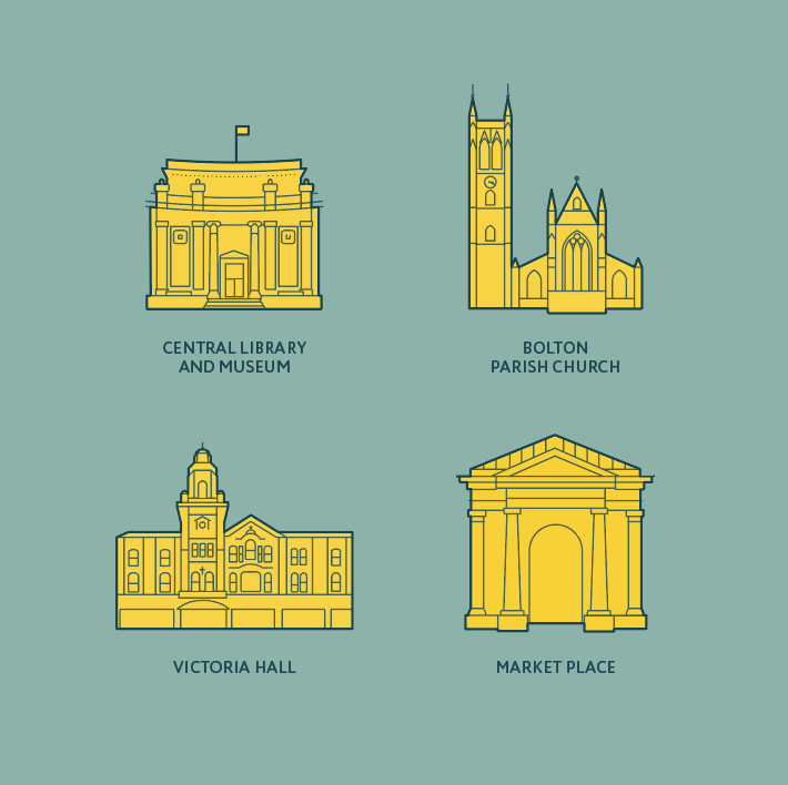 2D building facade illustrations for landmark recognition including Bolton Town Hall and Museum — Bolton town centre wayfinding, Air Design