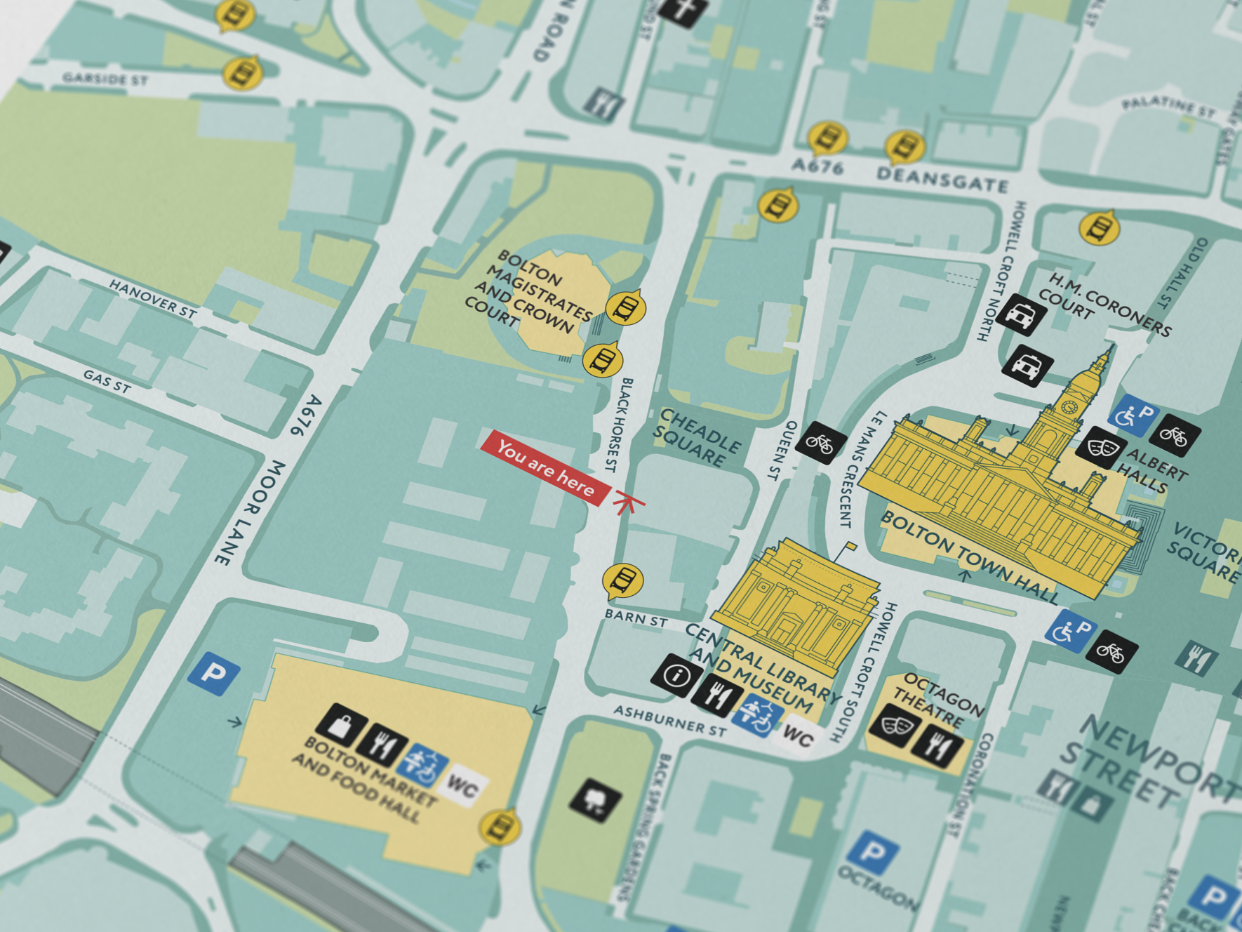 Pedestrian wayfinding signage system — Bolton town centre wayfinding design, Greater Manchester, Air Design