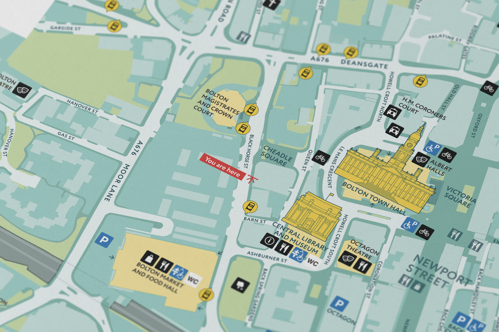 Pedestrian wayfinding signage system — Bolton town centre wayfinding design, Greater Manchester, Air Design